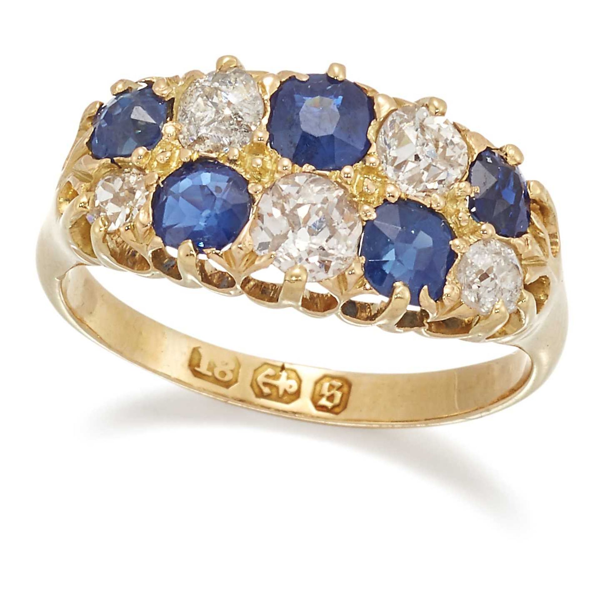 A VICTORIAN 18 CARAT GOLD SAPPHIRE AND DIAMOND RING