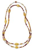 A CULTURED PEARL, AMBER AND GEMSTONE BEAD NECKLACE