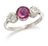 A RUBY AND DIAMOND THREE STONE RING