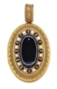 A MID 19TH CENTURY BANDED AGATE AND SPLIT PEARL LOCKET PENDANT