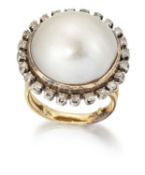 A MABE PEARL AND DIAMOND CLUSTER RING