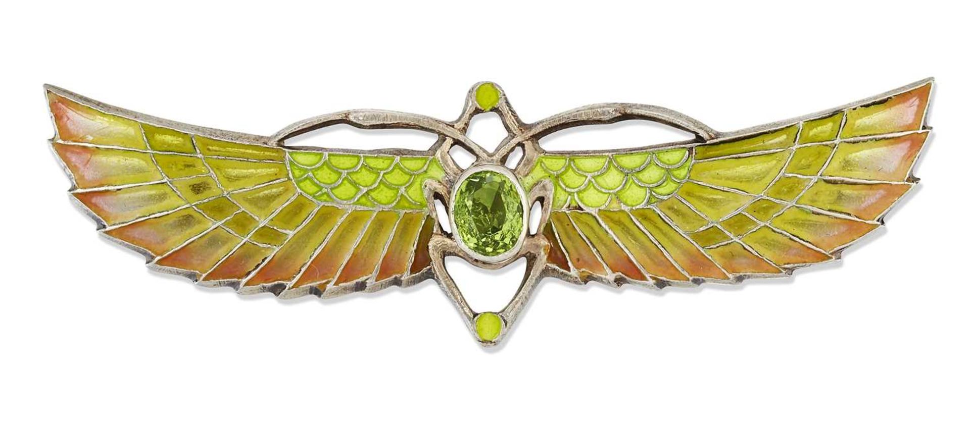 AN EGYPTIAN REVIVAL PLIQUE A JOUR ENAMEL AND PASTE WINGED SCARAB BROOCH