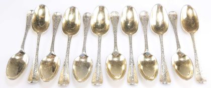 A SET OF TWELVE GEORGE II SILVER-GILT TABLESPOONS