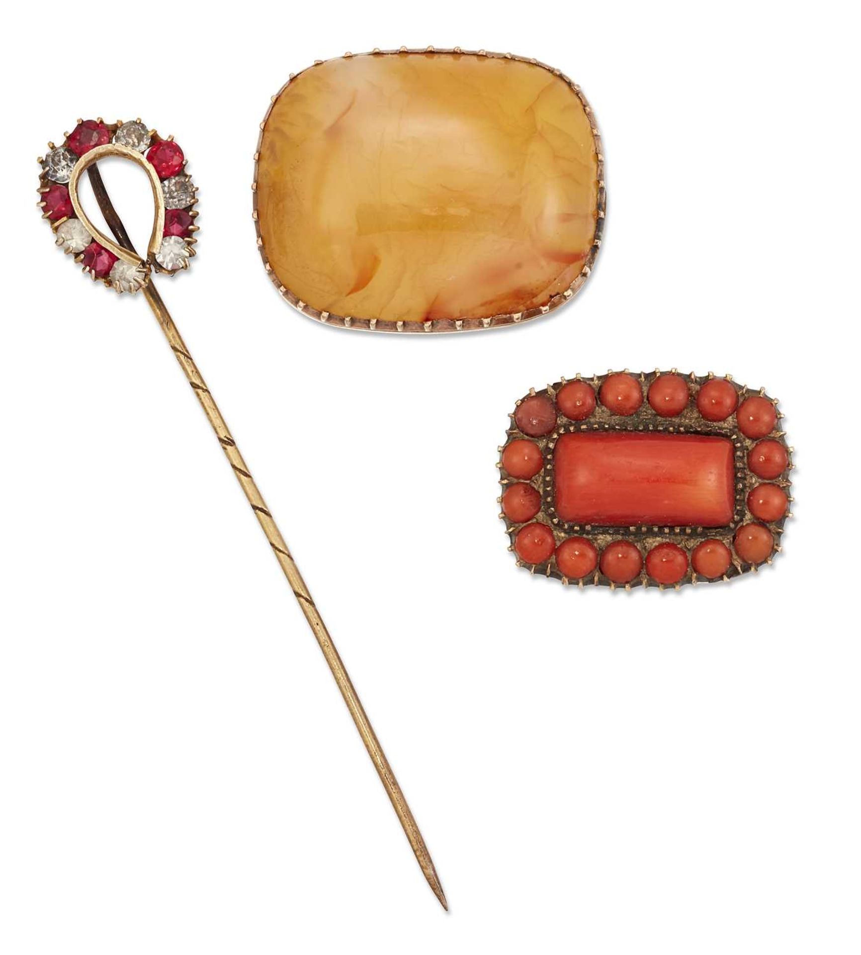 TWO MID 19TH CENTURY BROOCHES, AND A PASTE STICKPIN
