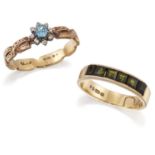 A 9 CARAT GOLD GREEN TOURMALINE RING, AND A 9 CARAT GOLD BLUE TOPAZ AND DIAMOND CLUSTER RING