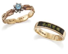 A 9 CARAT GOLD GREEN TOURMALINE RING, AND A 9 CARAT GOLD BLUE TOPAZ AND DIAMOND CLUSTER RING