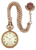 AN OPEN FACED GOLD PLATED POCKET WATCH ON A 9 CARAT ROSE GOLD GRADUATED ALBERT CHAIN