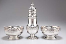 A GEORGE V SILVER SUGAR CASTER AND PAIR OF SMALL CIRCULAR BOWLS