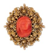 AN EARLY 19TH CENTURY CORAL CAMEO BROOCH