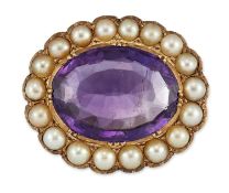 A LATE 19TH CENTURY AMETHYST AND SPLIT PEARL BROOCH