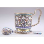 A RUSSIAN SILVER-GILT AND ENAMEL MUG AND SPOON