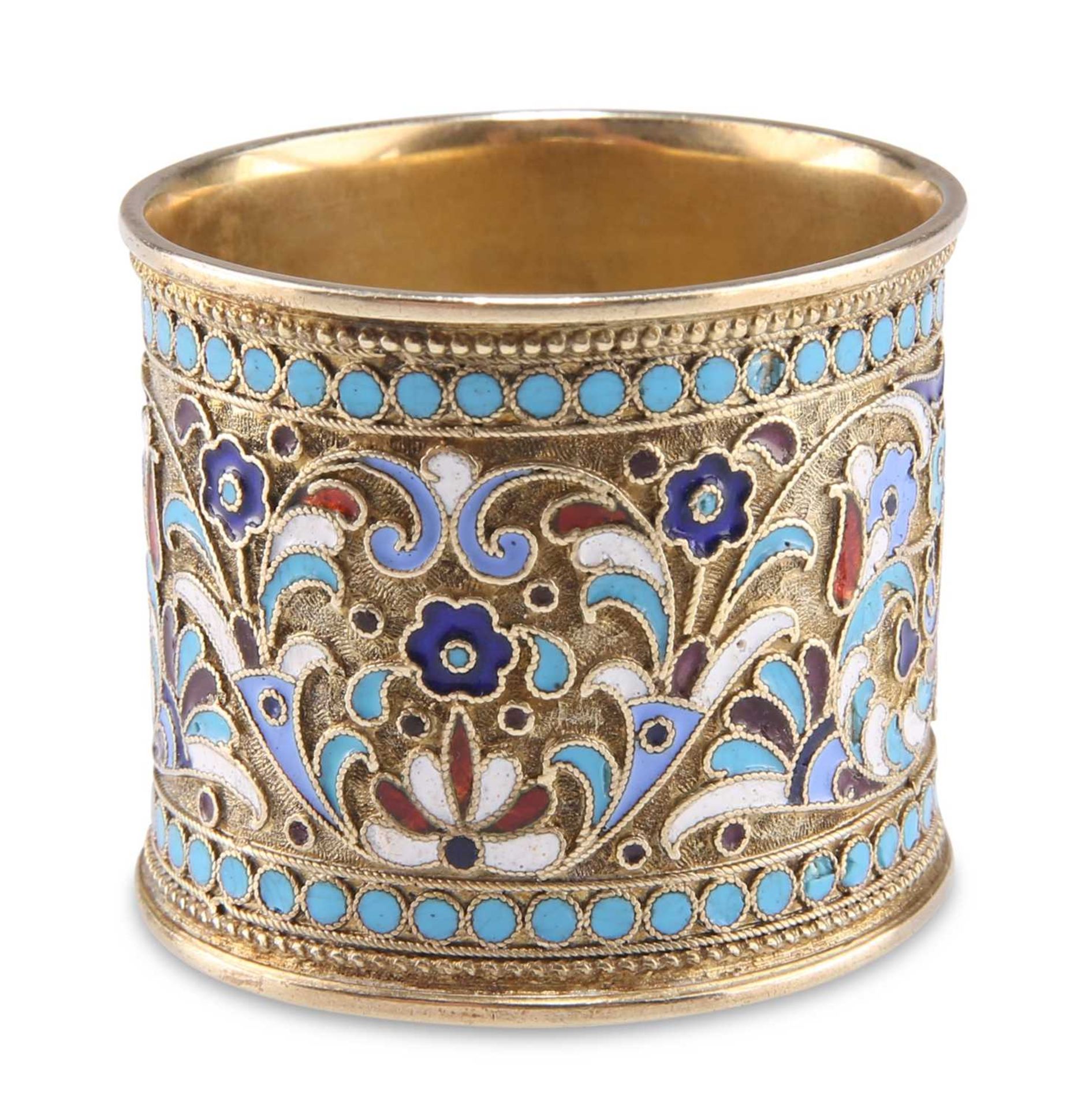 A RUSSIAN SILVER AND CHAMPLEVÉ ENAMEL NAPKIN RING