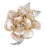 A CULTURED PEARL AND DIAMOND EN TREMBLANT BROOCH
