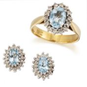 AN AQUAMARINE AND DIAMOND CLUSTER RING AND EARRING SET