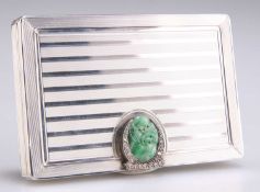 AN ART DECO FRENCH SILVER, JADE AND DIAMOND CASE