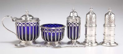 A PAIR OF VICTORIAN SILVER PEPPERETTES, AND A GEORGE V SILVER CRUET