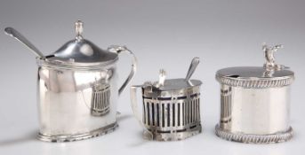 THREE SILVER MUSTARDS, VICTORIAN AND LATER, AND TWO SPOONS