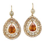 A PAIR OF CITRINE AND DIAMOND PENDANT EARRINGS