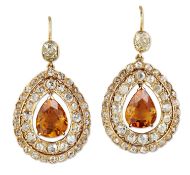 A PAIR OF CITRINE AND DIAMOND PENDANT EARRINGS