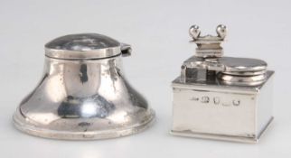 TWO SILVER INKWELLS, ONE TRAVELLING AND THE OTHER CAPSTAN