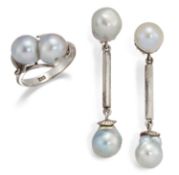 A CULTURED PEARL RING AND EARRING SET