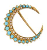 A LATE 19TH CENTURY TURQUOISE AND SEED PEARL CRESCENT BROOCH