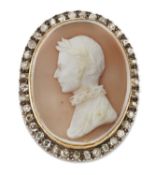 A LATE 19TH CENTURY SHELL CAMEO AND DIAMOND BROOCH