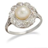 A NATURAL SALTWATER PEARL AND DIAMOND CLUSTER RING