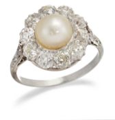 A NATURAL SALTWATER PEARL AND DIAMOND CLUSTER RING