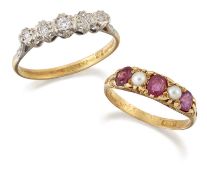 A RUBY AND SPLIT PEARL RING, AND A DIAMOND FIVE STONE RING