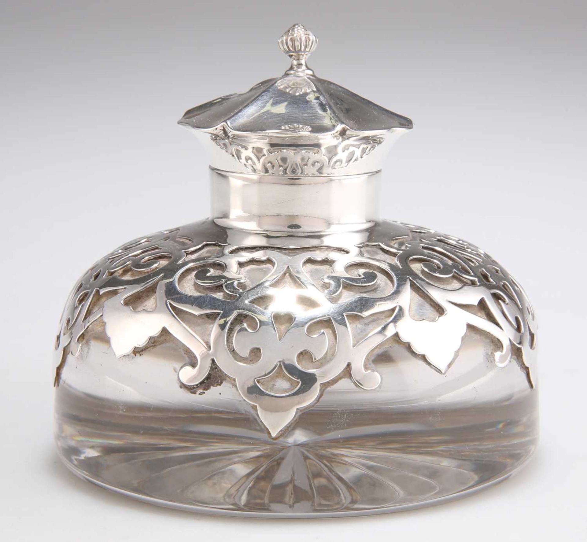 A LATE VICTORIAN SILVER-MOUNTED GLASS INKWELL