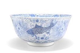 A CHINESE BLUE AND WHITE "CARP AND CRAB" BOWL, KANGXI MARK AND PROBABLY OF THE PERIOD