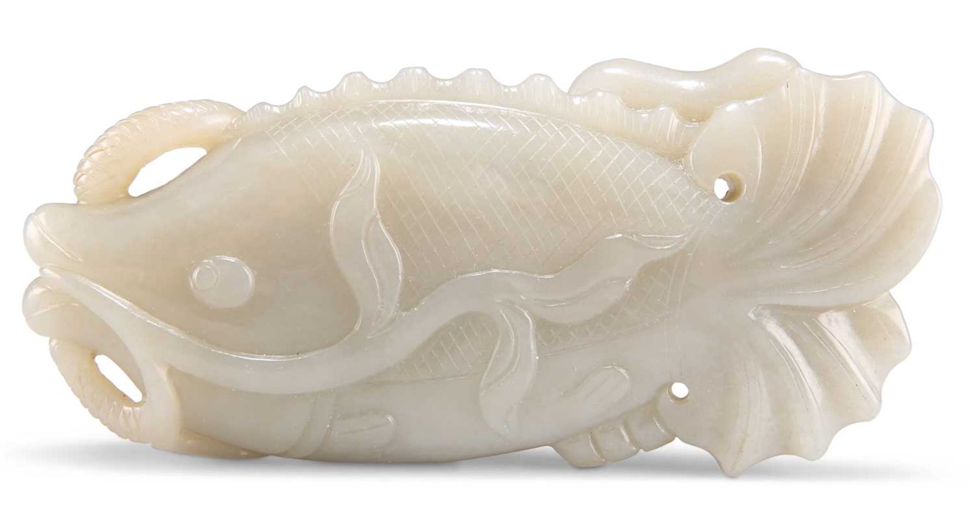 A JADE FISH AND LOTUS CARVING