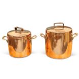 TWO COPPER TWO-HANDLED COVERED PANS