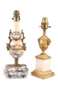 A LATE 19TH CENTURY GILT-METAL MOUNTED MARBLE TABLE LAMP AND A GILT AND ONYX TABLE LAMP