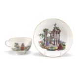 A WORCESTER PORCELAIN 'EUROPEAN RUINS' TEACUP AND SAUCER, CIRCA 1765