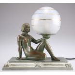 AN ART DECO PATINATED SPELTER FIGURAL TABLE LAMP