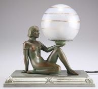 AN ART DECO PATINATED SPELTER FIGURAL TABLE LAMP