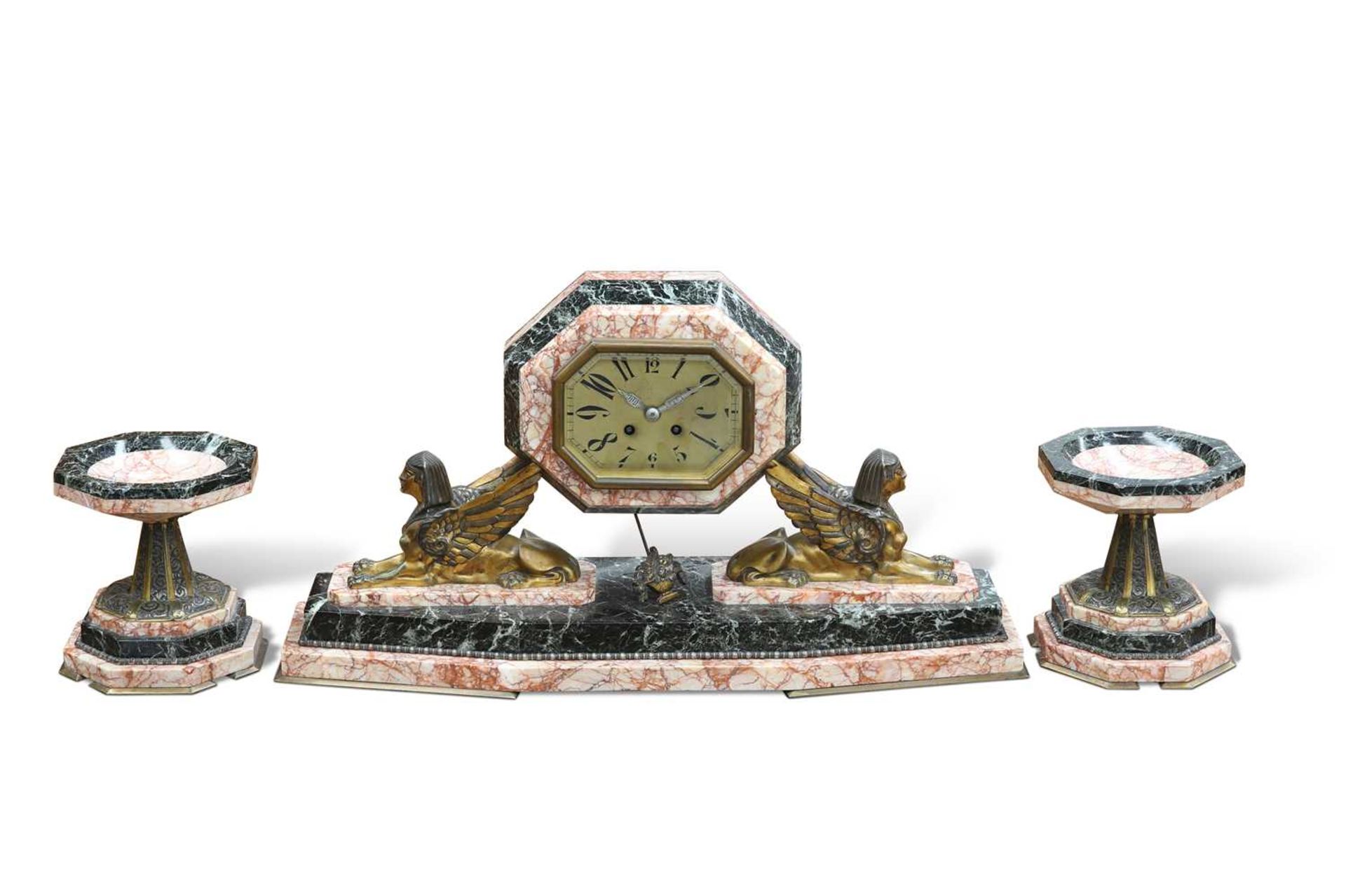 A FINE ART DECO MARBLE CLOCK GARNITURE