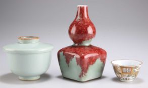 A CHINESE GOURD VASE, A JAPANESE GILDED TEA BOWL AND A JAPANESE CELADON GROUND COVERED BOWL