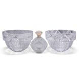 TWO ORREFORS CLEAR GLASS BOWLS AND A LALIQUE 'LE BAISER' GLASS PERFUME BOTTLE