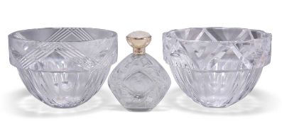 TWO ORREFORS CLEAR GLASS BOWLS AND A LALIQUE 'LE BAISER' GLASS PERFUME BOTTLE