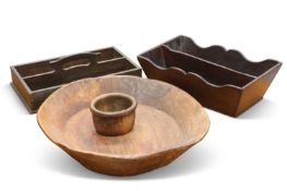 A SYCAMORE DAIRY BOWL, A SMALL SYCAMORE MORTAR OR BOWL AND TWO MAHOGANY CUTLERY TRAYS