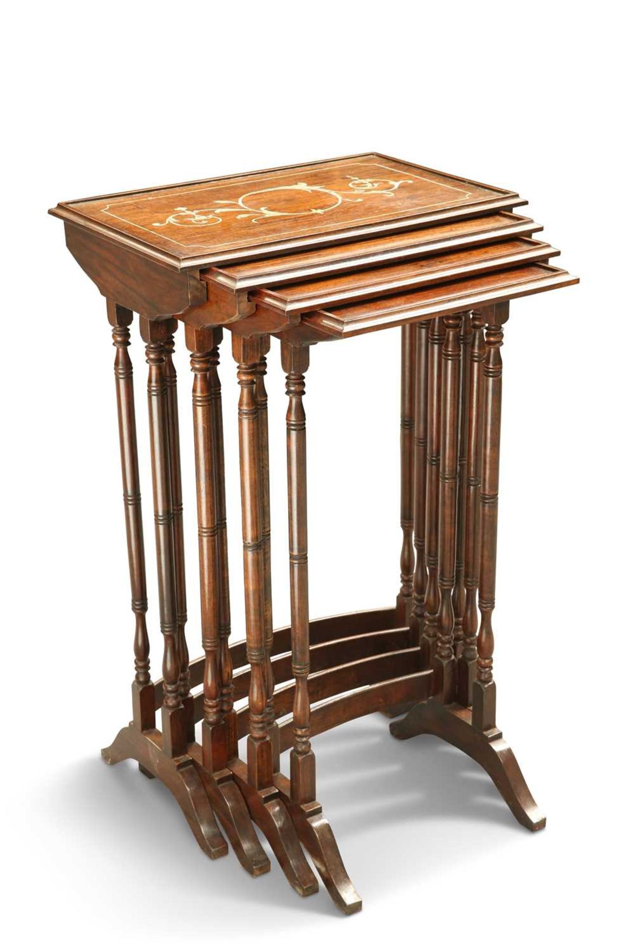 A QUARTETTO OF MOTHER-OF-PEARL INLAID ROSEWOOD NESTING TABLES, CIRCA 1900