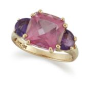 A PINK TOPAZ AND AMETHYST THREE STONE RING