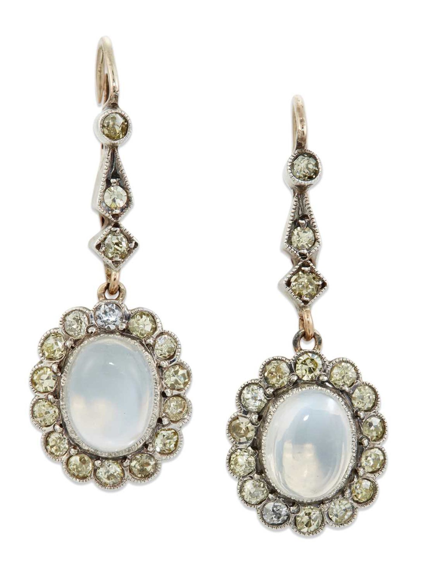 A PAIR OF EARLY 20TH CENTURY MOONSTONE AND DIAMOND CLUSTER PENDANT EARRINGS