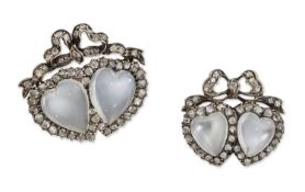 TWO LATE 19TH CENTURY MOONSTONE AND DIAMOND TWIN-HEART BROOCHES
