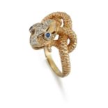 A SAPPHIRE AND DIAMOND SNAKE RING