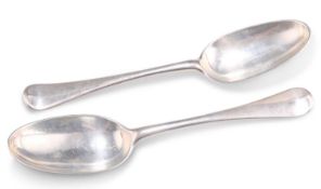 A PAIR OF GEORGE II WEST COUNTRY SILVER TABLESPOONS