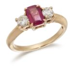 A RUBY AND DIAMOND THREE STONE RING